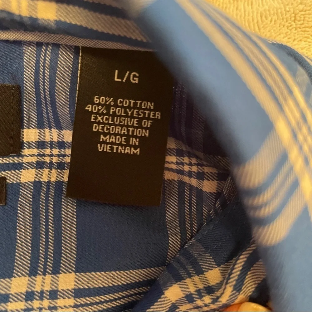 Chaps Easy Care Twill Blue/White Checked Mens Shirt -Size Large - Picture 7 of 9